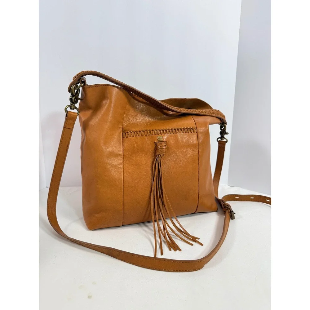 Lucky Brand Tan Leather Convertible Shoulder Bag Whipstitch Tassel Cognac